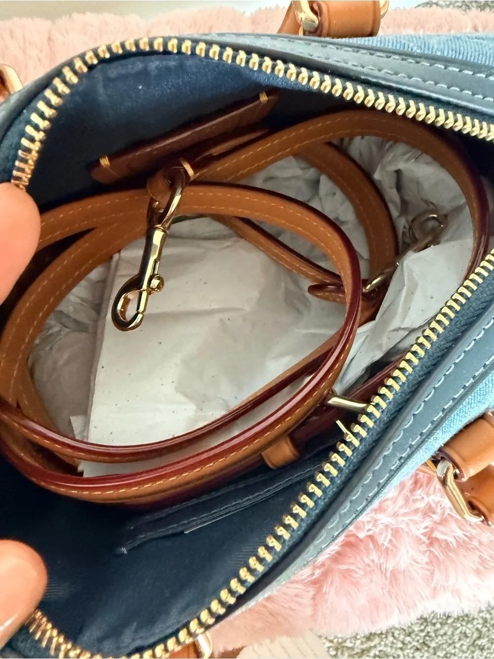 Coach Mini Denim Rowan Signature Satchel in Light Blue and Tan - Picture 9 of 9